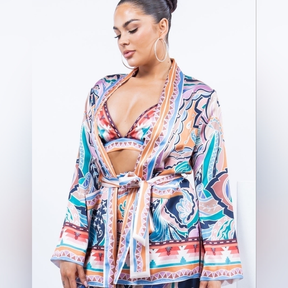 Her Bottari Kimono Jacket Top Open Front Aztec Boho Printed Women's Size Large